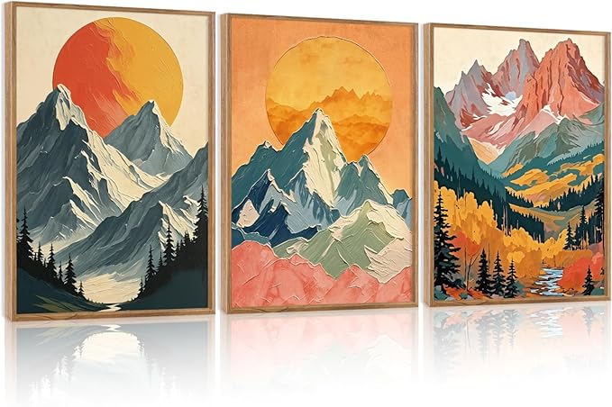 HPNIUB Mountains Forests Framed Canvas Wall Art Set, Abstract Woodland Painting, Boho Scenery Sun Wall Decor, Pretty Grassland River Artwork for Living Room, Bedroom, Dining Room, Office - 16"x24"x3-Ruum Studio Home