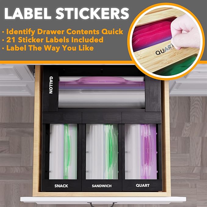 SpaceAid Bag Storage Organizer for Kitchen Drawer, Bamboo Organizer, Compatible with Gallon, Quart, Sandwich and Snack Variety Size Bag (4 Pack), Black-Ruum Studio Home