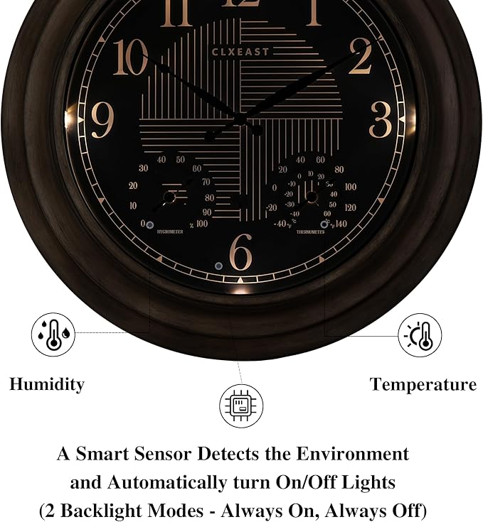 CLXEAST 24 Inch Self-Illuminated in/Outdoor Atomic Wall Clock with Temperature and Humidity, Oversized Large 24 Inch Wall Clocks for Living Room Decor, Brushed Grey Oak Wooden Finish-Ruum Studio Home