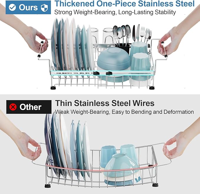 GSlife Expandable in Sink Dish Drying Rack - Capacity Adjustable Stainless Steel Over The Sink Dish Drainer with 2 Cup Holder and Utensil Holder for Kitchen Sink, 10.8"~17.9" L x 14.2" W, Silver-Ruum Studio Home