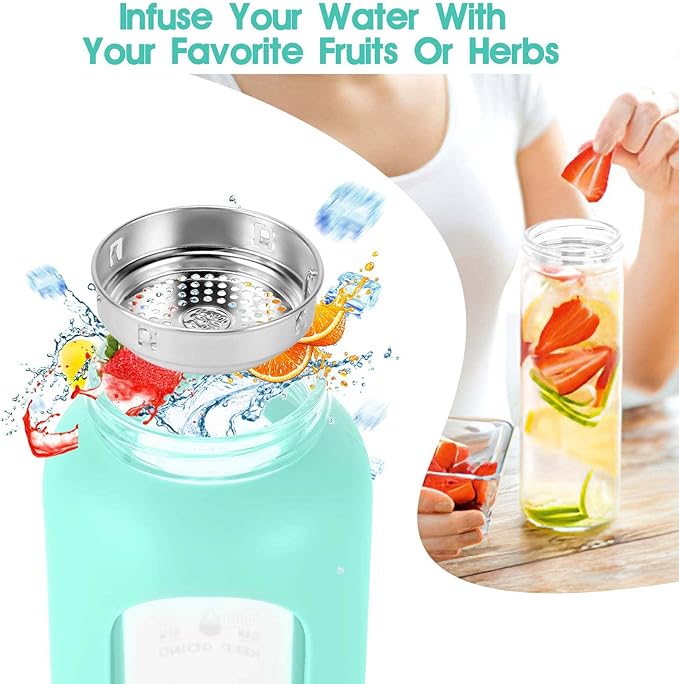 32 oz Glass Water Bottle with Straw - Motivational Time Marker & Silicone Sleeve - Reusable Tumbler Includes 2 Bamboo Lids & Fruit Infuser - 1 Pack-Ruum Studio Home
