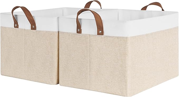 StorageWorks Storage Bins, Fabric Storage Bins for Shelves, Extra Large Storage Baskets with Metal Frame, Closet Baskets and Bins with Handles, Jumbo, Brown and White, 2-Pack-Ruum Studio Home