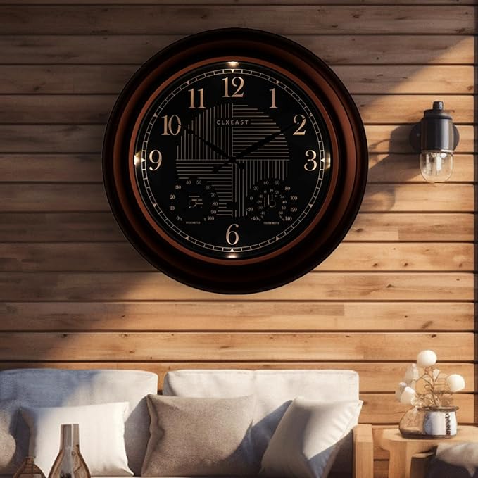 CLXEAST 24 Inch Illuminated in/Outdoor Lighted Atomic Analog Wall Clock with Thermometer & Hygrometer, Oversized Large Waterproof Wall Clocks for Living Room Decor,Bronze Finish-Ruum Studio Home