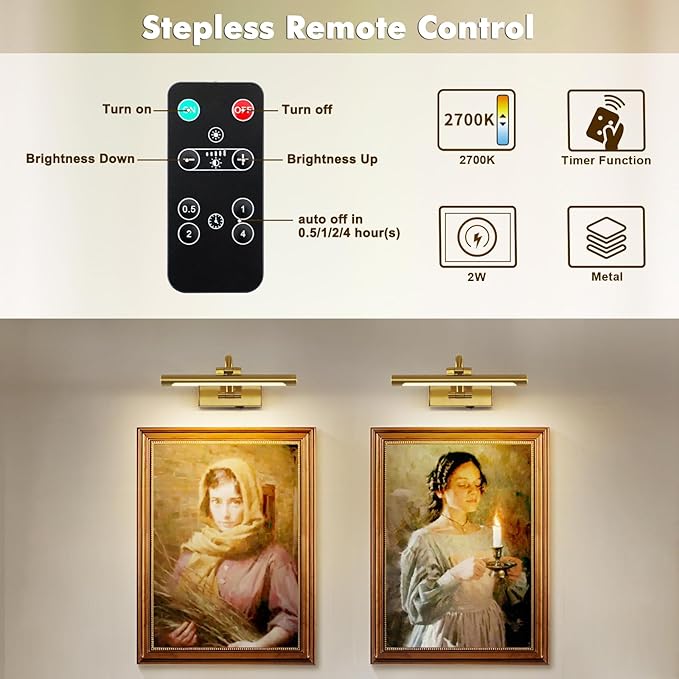 Wireless Picture Lights for Wall Rechargeable Brass Gallery Lights Battery Operated Art Lamps with Remote and Timer Dimmable Painting Lights for Artwork Portrait Display 12 Inch 2W 2700K-Ruum Studio Home