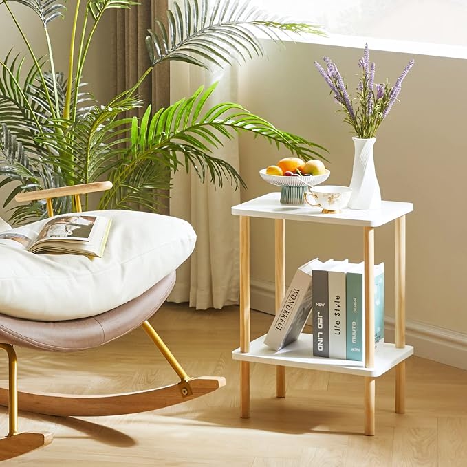 IBUYKE 2-Tier Side Table, Solid Wood Tall End Table with Storage Shelves, Nightstand Bedside Table for Living Room Bedroom Office, No-Tool Assembly, White UWST002W-Ruum Studio Home