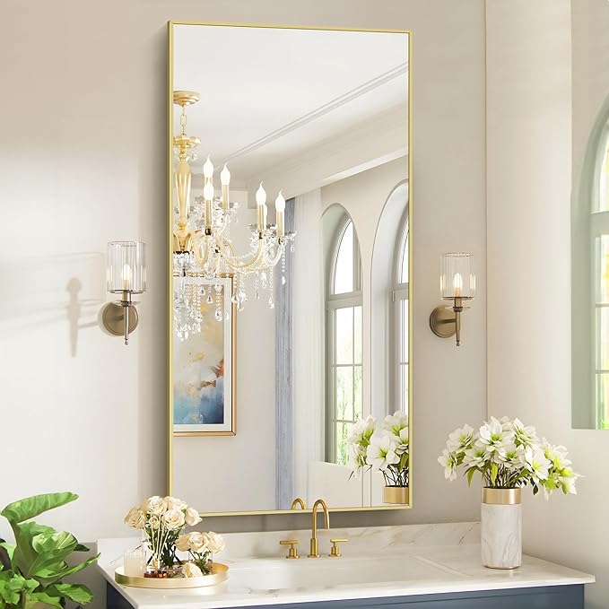 48x24In Gold Bathroom Mirror for Wall, Brushed Gold Rectangle Mirrors with Metal Frame, Bathroom Rectangular Mirror Modern Wall Mirror for Bedroom Living Room, Hangs Horizontal or Vertical-Ruum Studio Home