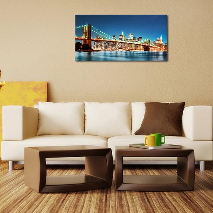 Pyradecor Large Modern New York Cityscape Canvas Wall Art Brooklyn Bridge Night View Canvas Prints Stretched Landscape Pictures Paintings Artwork for Living Room Home Decorations L-Ruum Studio Home