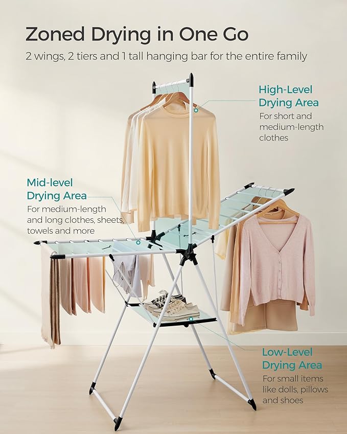 SONGMICS Clothes Drying Rack, Foldable 2-Level Laundry Drying Rack, Free-Standing Airer, 1 Additional Tall Hanging Bar, 2 Height-Adjustable Wings, 24 Drying Rails, Space Savng, Simply White ULLR521W01-Ruum Studio Home