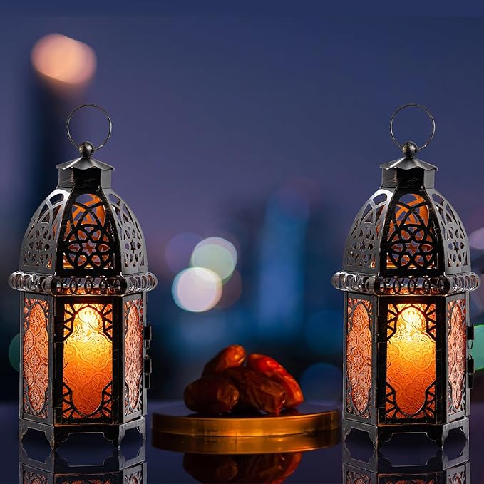 NEEDOMO Set of 2 Hanging Moroccan Lantern, 12.8'' Vintage Candle Holder, Metal Lanterns Decorative Indoor Outdoor, Table, Patio, Porch, Shelf, Ramadan Decorations (Amber)-Ruum Studio Home