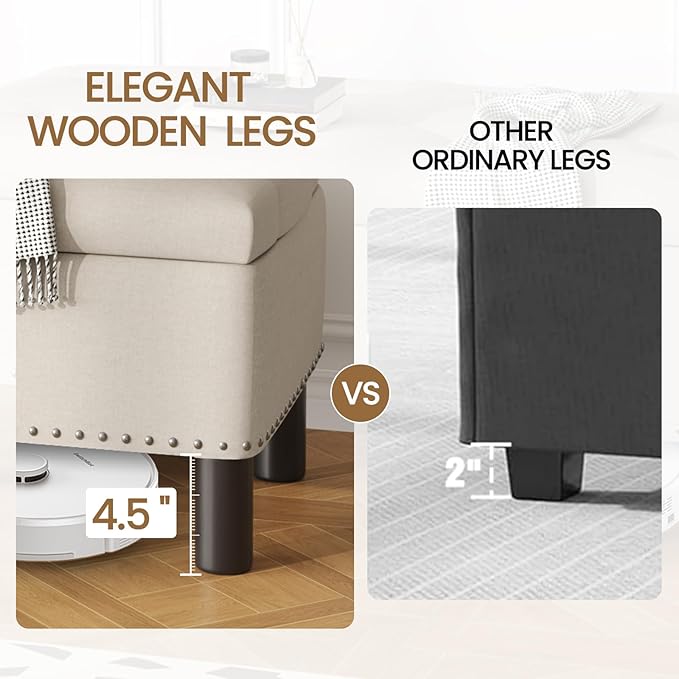 Furniliving 42” Ottoman Bench with Storage, Folding Storage Ottoman Benches with Wood Legs, Upholstered Bedroom Bench with Button-Tufted, Entryway Bench for Bedroom, Linen, Beige-Ruum Studio Home