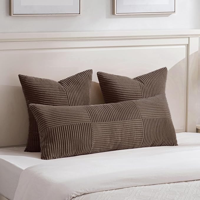 Fancy Homi 2 Packs Dark Brown Big Decorative Throw Pillow Covers 24x24 Inch for Living Room Couch Bed, Farmhouse Boho Home Decor, Soft Corss Corduroy Patchwork Accent Square Cushion Case 60x60 cm-Ruum Studio Home