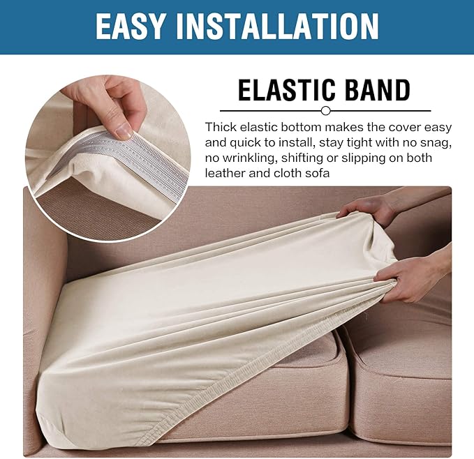 H.VERSAILTEX Velvet Stretch Couch Cushion Cover Plush Cushion Slipcover for Chair Loveseat Sofa Cushion Furniture Protector Seat Cushion Sofa Cover (3 Piece Sofa Cushion Covers, Ivory)-Ruum Studio Home