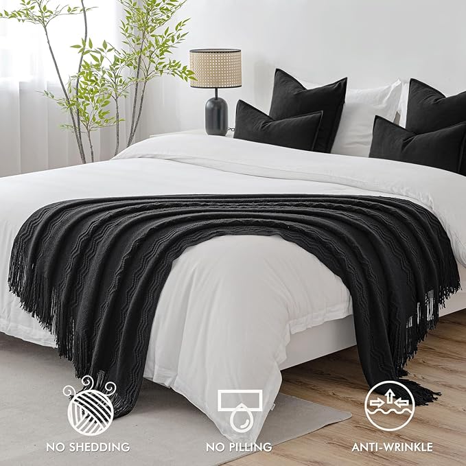 MIULEE Black Knitted Throw Blanket for Couch Textured Knit Blanket with Tassels Cozy Woven Boho Bed Blanket for Sofa Bed Chair Acrylic Wave Pattern 50"x60"-Ruum Studio Home