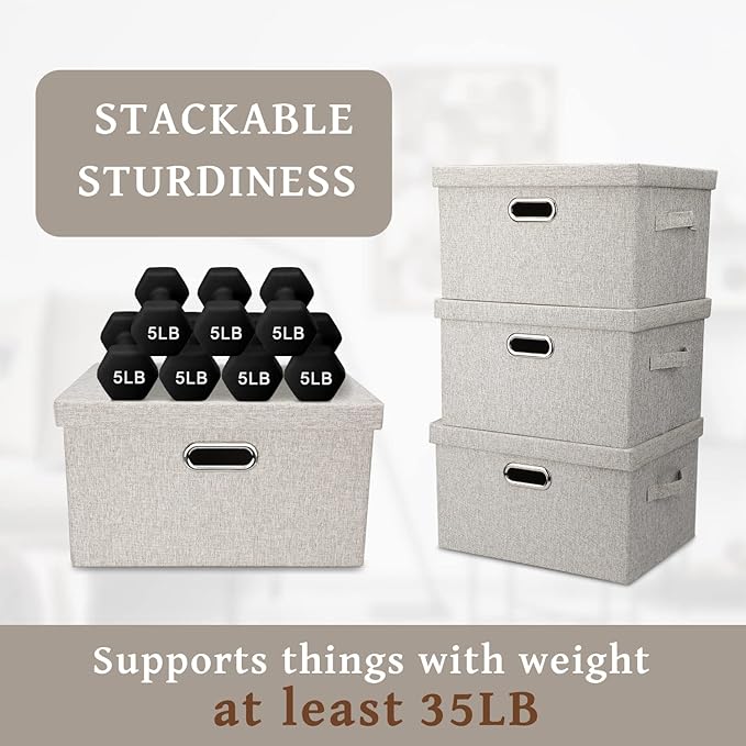 Medium 15" 21 Quart Collapsible Stackable Storage Bins with Lids, 3 Packs Beige Foldable Fabric Closet Boxes Heavy-duty Linen Cube Baskets Container for Bedroom Office (15 x 11 x 8)-Ruum Studio Home