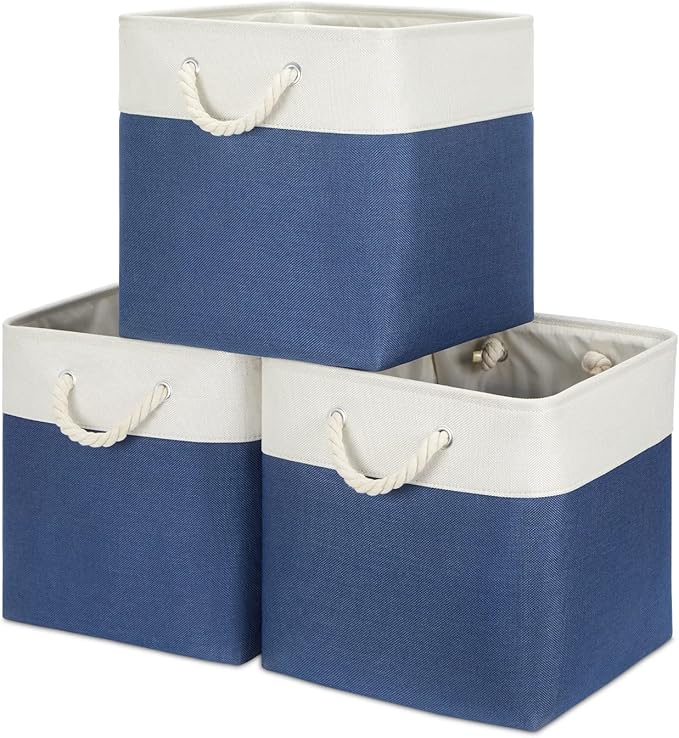 Bidtakay Storage Baskets Large Cube Storage Bins Fabric Baskets for Organizing Shelves 13x13 Navy Blue Square Storage Bins Large Set of 3 Linen Closet Organizers for Cabinet Home-Ruum Studio Home
