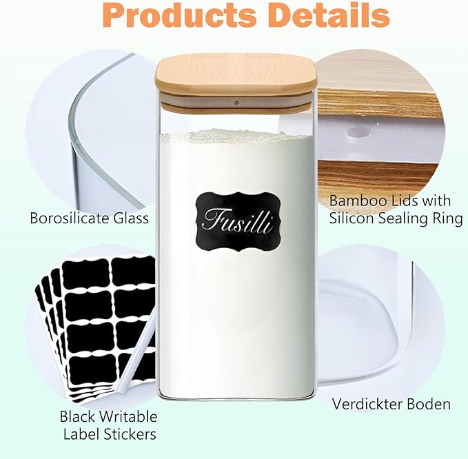 Food Storage Containers with Airtight Bamboo Lids Set of 5, Glass Canisters with Airtight Lids, Glass Food Storage Containers for Pasta, Oats, Coffee, Flour, Sugar, Best for Kitchen, Square-Ruum Studio Home