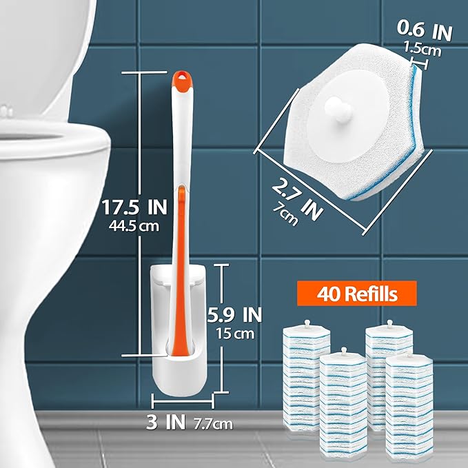 JEHONN Disposable Toilet Bowl Cleaner Wand with 40 Cleaner Refills, Wall Mounted Long Handle Compact Bathroom Scrub Brush Holder Set for Sink Bathtub Wash Basin Mop Pool (Orange)-Ruum Studio Home