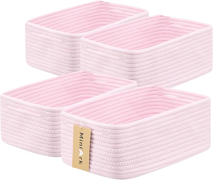 Small Storage Baskets for Organizing | Closet Organizer Bins | Shelf Toy Basket | Woven Rope Baskets | Cube Decorative Box | Shallow Basket | 13x8.5x5.1” | 4 Packs Light Pink-Ruum Studio Home