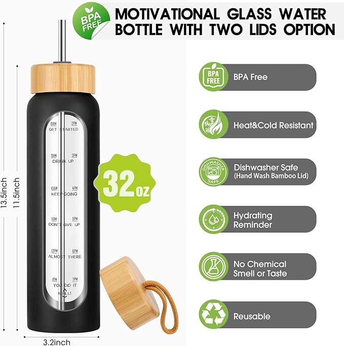 32 oz Glass Water Bottle with Straw - Motivational Time Marker & Silicone Sleeve - Reusable Tumbler Includes 2 Bamboo Lids & Fruit Infuser - 1 Pack-Ruum Studio Home