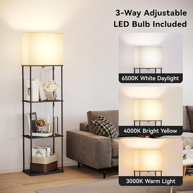 SUNMORY Large Size Floor Lamp with Shelves, 4-Tier Modern Standing Lamp with 3 Color Temperature Bulb, Tall Floor Lamp with Shelf, Corner Display Bookshelf Lamps for Living Room, Bedroom, Office-Ruum Studio Home