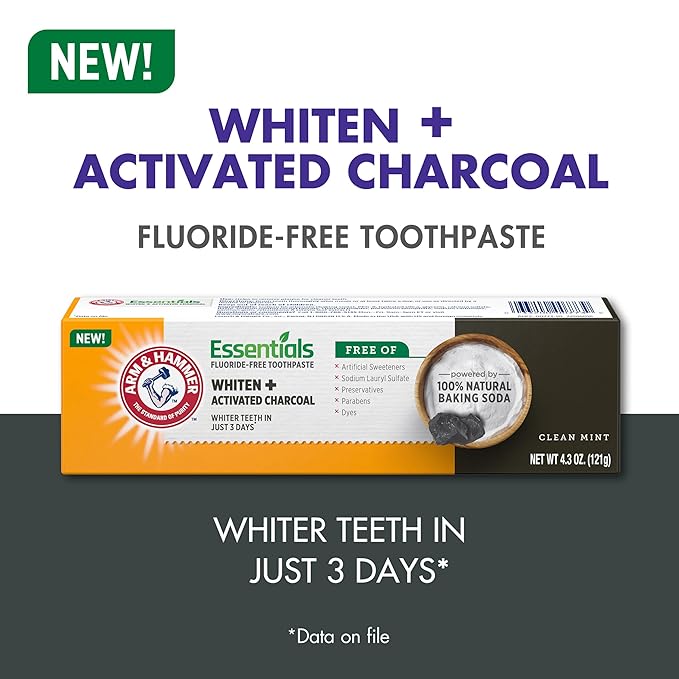 ARM & HAMMER Essentials Fluoride-Free Toothpaste Whiten + Activated Charcoal-4 Pack of 4.3oz Tubes, Clean Mint- 100% Natural Baking Soda-Ruum Studio Home