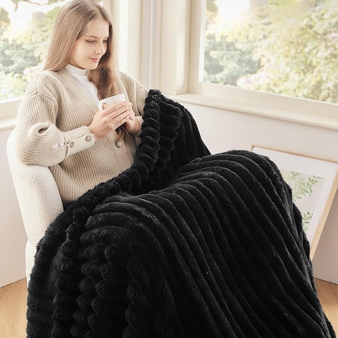NEWCOSPLAY Super Soft Throw Blanket Black Premium Silky Flannel Fleece 3D Ribbed Jacquard Lightweight Bed Blanket All Season Use (Black Ribbed, Throw(50"x60"))-Ruum Studio Home