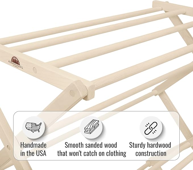 Pennsylvania Woodworks Premium American Maple Clothes Drying Rack - Handcrafted in Pennsylvania - Solid Wood Construction, Collapsible, Eco-Friendly Laundry Solution (Large)-Ruum Studio Home