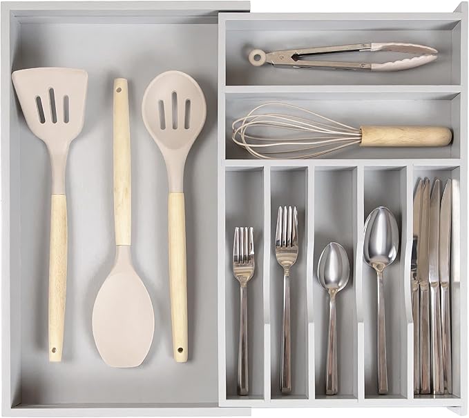 Premium Silverware, Flatware and Utensil Organizer for Kitchen Drawers, Food-Safe Contract Grade, Expandable from 10.5 to 19 In, Gray Bamboo-Ruum Studio Home