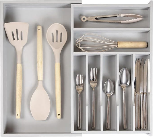 Premium Silverware, Flatware and Utensil Organizer for Kitchen Drawers, Food-Safe Contract Grade, Expandable from 10.5 to 19 In, Gray Bamboo-Ruum Studio Home