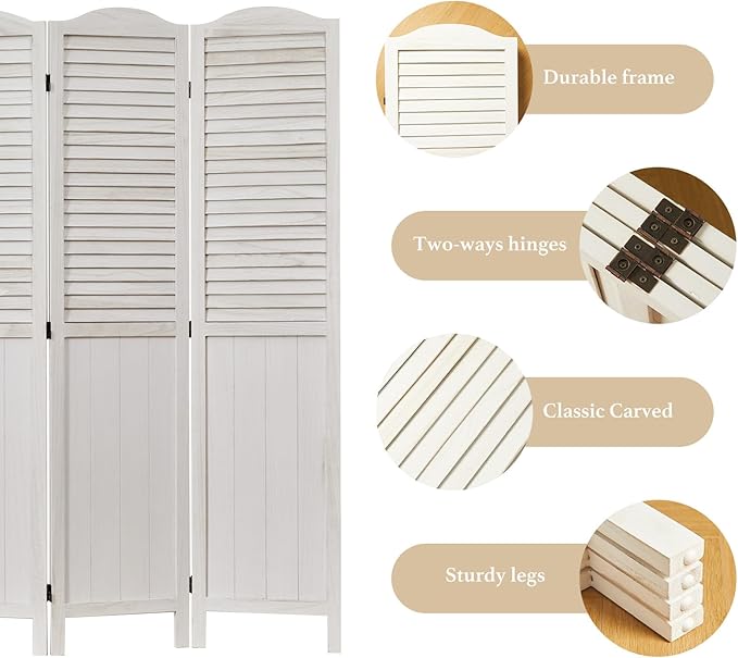 Room Partitions and Dividers, 68.9 Inch Temporary Wall with Double Hinges, Wooden Louver & MDF Stable Screens for Home Office Bedroom Coffeehouse Decoration (4 Panels, White-Washed)-Ruum Studio Home