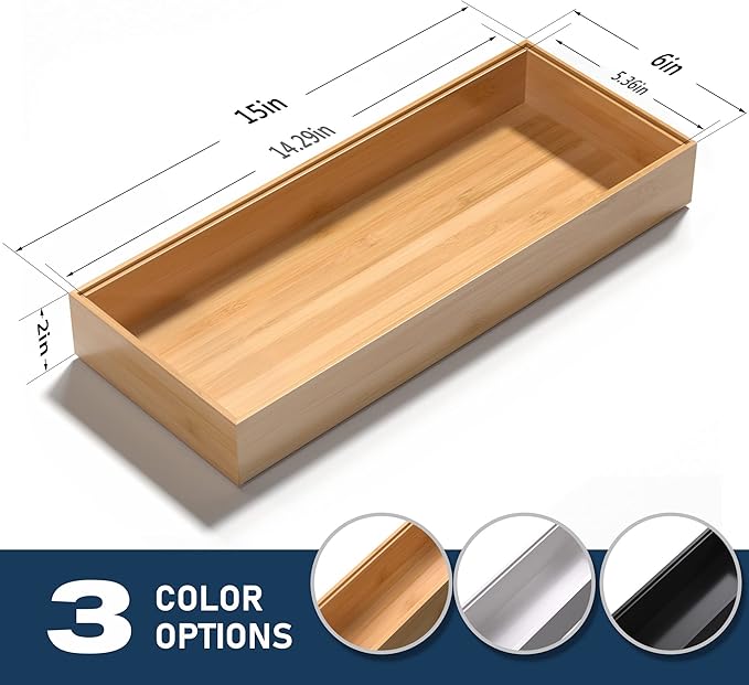 Bamboo Drawer Organizer, Stackable Utensil Organizer for Kitchen, Bamboo Storage Box Wood Silverware Tray for Drawer 15" x 6" x 2" Set of 2-Ruum Studio Home