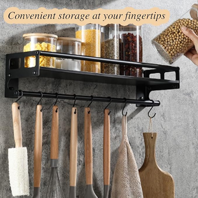 Wall Mount Storage Holder，Stainless Steel Strong Shelf with 6 Removable Hooks, Spice Rack Organizer，Kitchen Organizer Shelf, Space Saving Spice Rack and Kitchen Storage (black)-Ruum Studio Home