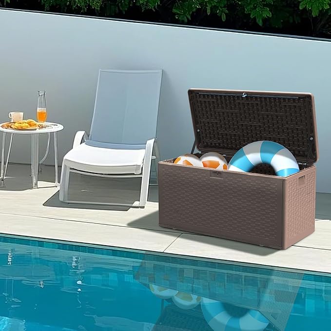 Premium Pro Edition 73 Gallon Lockable Resin Deck Box, Waterproof & UV-Resistant Outdoor Storage Box for Outdoor Cushion Storage, Garden Tools & Pool Accessories Storage, Brown-Ruum Studio Home