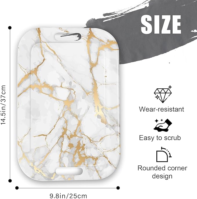 Serving Trays with Handles, 14.5 x 9.8 inch Rectangular Plastic Tray for Restaurant, Kitchen, Golden White Marble-Ruum Studio Home