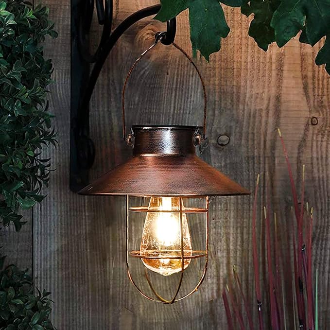 pearlstar Solar Lantern Outdoor Hanging Light Metal Farmhouse Solar Lamp with Warm White Edison Bulb Design for Garden Yard Patio Porch Decor (Brushed Copper)-Ruum Studio Home