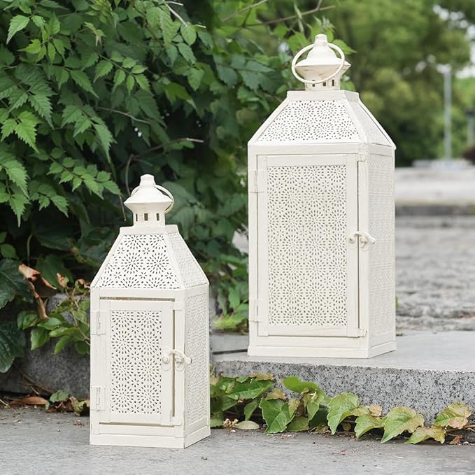 NEEDOMO 2Pack Outdoor Lantern, 16" Large White Candle Lanterns Decorative Indoor, Metal Frame with Glass, Vintage Farmhouse Lantern Decor for Front Porch, Garden, Patio, Pathway, Balcony,Yard-Ruum Studio Home