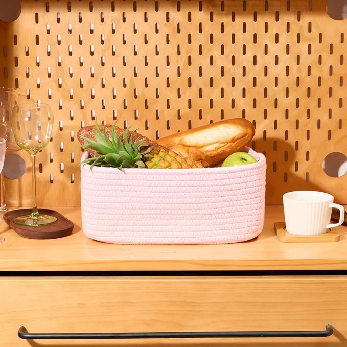 Small Storage Baskets for Organizing | Closet Organizer Bins | Shelf Toy Basket | Woven Rope Baskets | Cube Decorative Box | Shallow Basket | 13x8.5x5.1” | 4 Packs Light Pink-Ruum Studio Home
