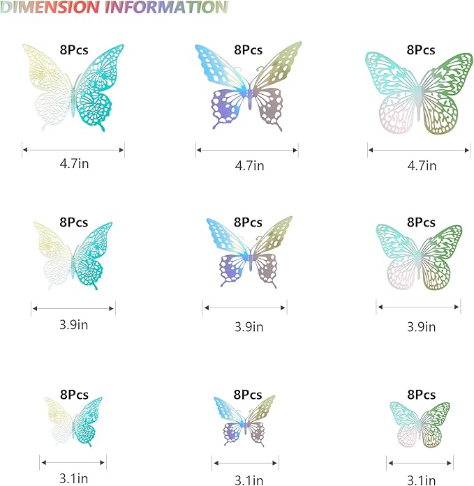 SAOROPEB 3D Butterfly Wall Decor, 72 Pcs 3 Styles 3 Sizes, Removable Metallic Wall Sticker Room Mural Decals for Kids Bedroom Nursery Classroom Party Decoration Wedding Decor DIY Gift (Laser)-Ruum Studio Home