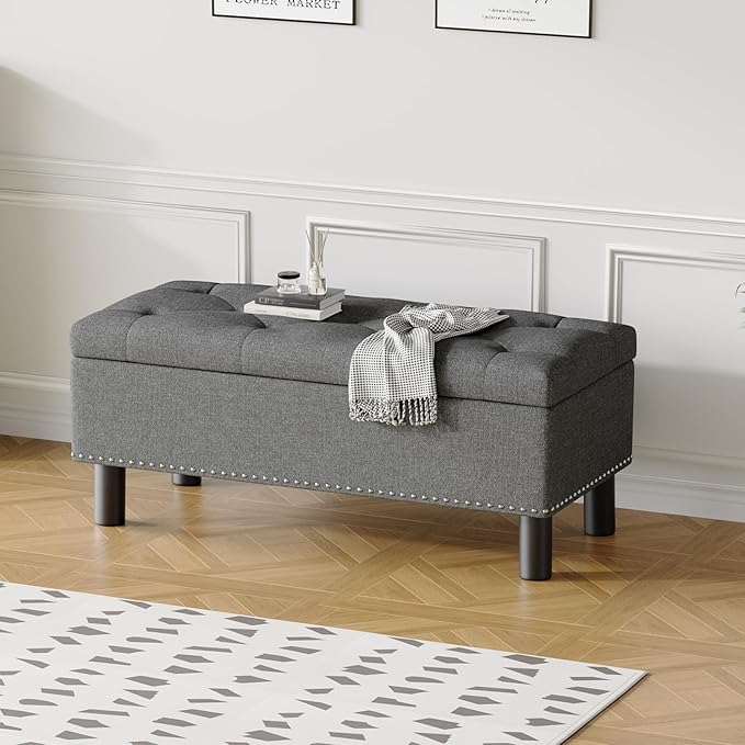 Furniliving Ottoman Bench with Storage, Folding Storage Ottoman Bench with Wood Legs, Upholstered Bedroom Bench with Button-Tufted, Entryway Bench Storage Bench for Bedroom, Linen (Darkgrey)-Ruum Studio Home