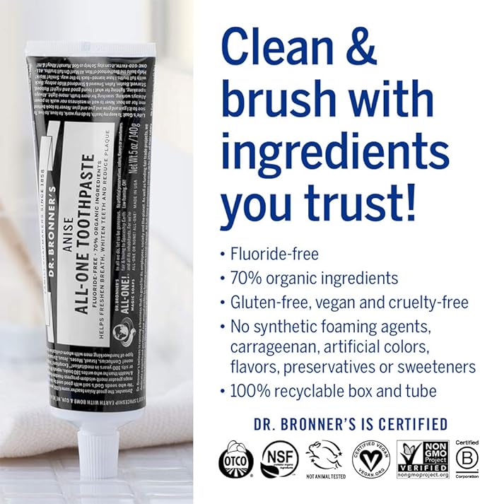 Dr. Bronner’s - All-One Toothpaste (Anise, 5 Ounce, 3-Pack) - 70% Organic Ingredients, Natural and Effective, Fluoride-Free, SLS-Free, Helps Freshen Breath, Reduce Plaque, Whiten Teeth, Vegan-Ruum Studio Home
