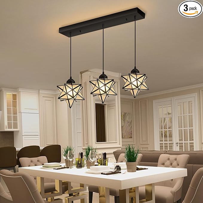 Modern Frosted White Glass Chandelier Dining Room Farmhouse Star Pendants Lights for Kitchen Island LED Ceiling Hanging Lighting Included Warm Light Bulbs Black-Ruum Studio Home
