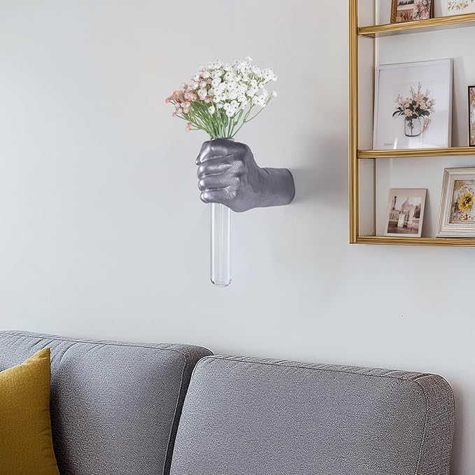 Silvery Wall Sculptures, Hand Vases Home Decor, Wall Mount Art Sculpture, Unique Wall Art Statue, Funky Flower Vase Decorations, Modern Eclectic Hanging Decor,Glass Test Tube Vase (Silvery)-Ruum Studio Home