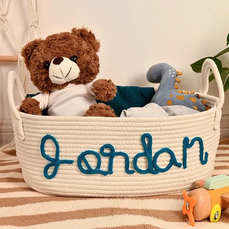 Personalized Baby Name Basket, Custom Woven Baby Shower Gift Basket with Cotton Rope Handle Baby Diaper Nursery Shelf Storage Basket Bin for Kids' Bedroom (Style 3)-Ruum Studio Home