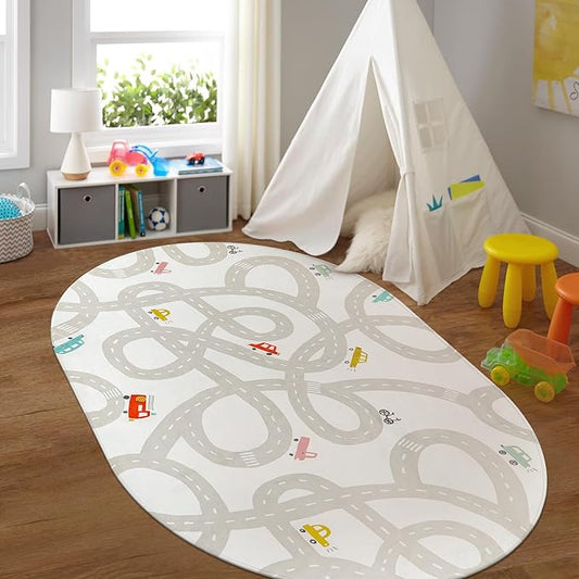 STARUIA Grey Kids Rug for Playroom, 5'x7' Washable Road Rug for Kids Bedroom, Non-Slip Car Rugs for Nursery, Large Traffic Play Mat Utral Soft Baby Carpet for Boys Girls Dorm Toy Room Tent-Ruum Studio Home