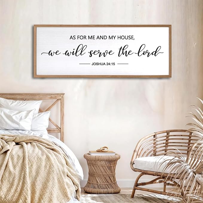 As For Me And My House We Will Serve The Lord Framed Wall Art, 32''×12'' Horizontal Positive Religious Rustic Bible Verse, Vintage Holy Catholic Scripture Decor for Christian God Jesus Christ Prayer-Ruum Studio Home
