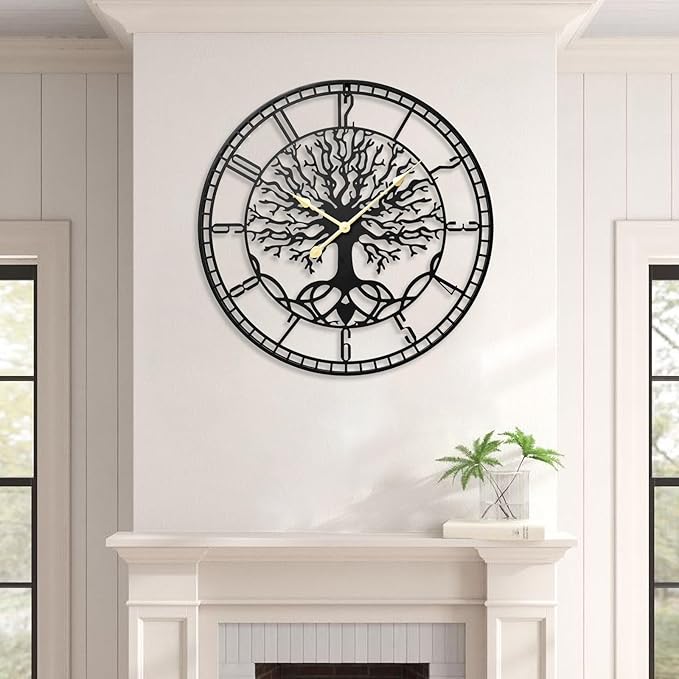 Tree of Life Wall Clock – Elegant 24-Inch Oversized Metal Farmhouse Decor for Living Room, Modern Battery Operated Wall Clock with Silent Operation-Ruum Studio Home