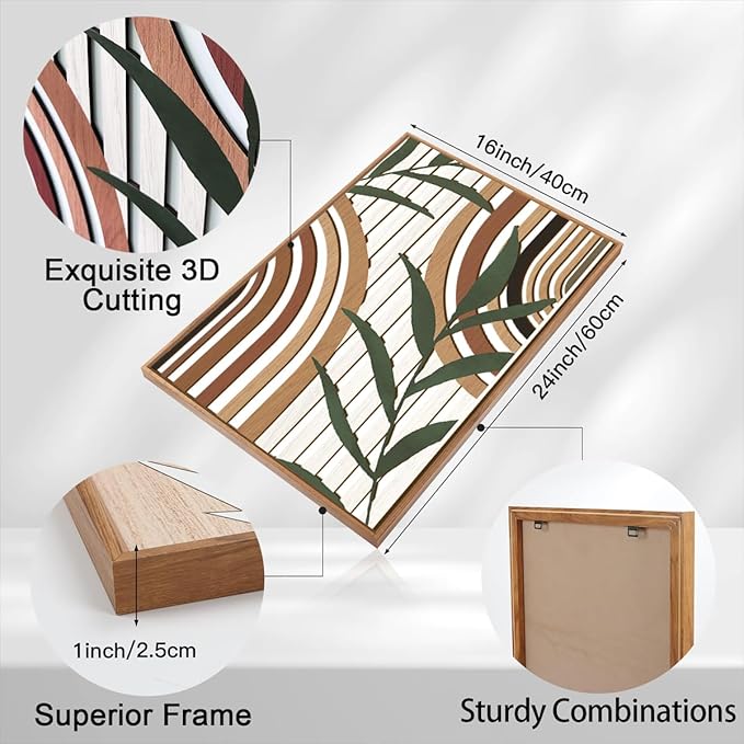 Large Boho Mid Century Wood Wall Art Set,Modern Geometric Leaves Artwork Bohemian Wall Sculptures,Abstract Minimalist Wooden Wall Decor for Living Room Bedroom Office-16 x24 x3-Ruum Studio Home