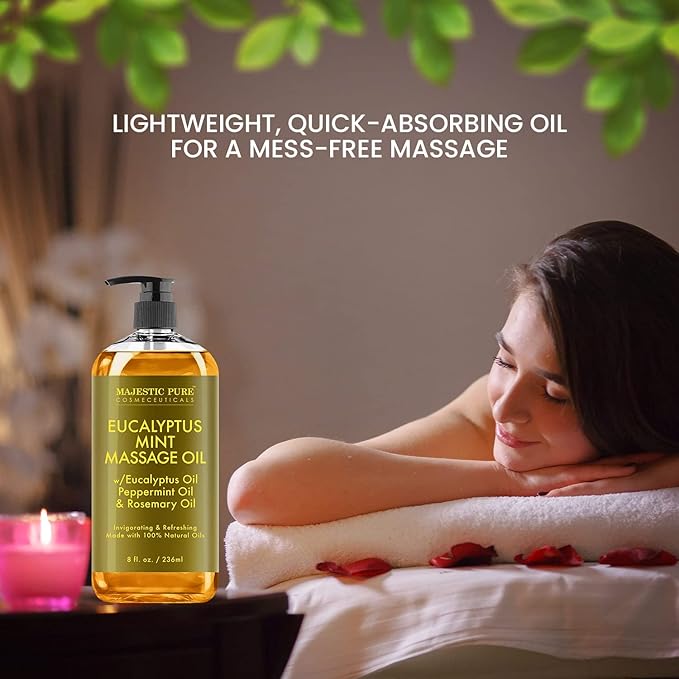 MAJESTIC PURE Eucalyptus Mint Massage Oil for Massage Therapy - Refreshing, and Relaxing - Natural Oils with Eucalyptus Essential Oil - for All Skin Types - Men and Women - 8 fl oz-Ruum Studio Home