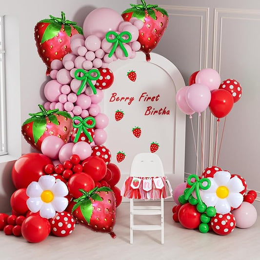 Strawberry Balloons Arch Garland Kit, 135PCS Red and Pink Balloons with Strawberry Daisy Foil Balloons for Sweet Girl Berry First Birthday Decor Baby Shower Themed Party Decorations-Ruum Studio Home