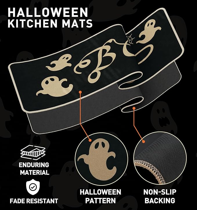 Halloween Kitchen Mat Set of 2, Spooky Spider Web Ghosts Boo Halloween Decor, Halloween Rug for Floor, Indoor Home Decor with Non-Slip Backing,17 x 29 Inch & 17 x 47 Inch-Ruum Studio Home